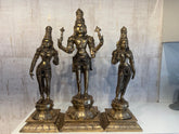 Brass Vishnu Lakshmi Bhudevi statue set – handcrafted antique finish Hindu deity idols for home temple